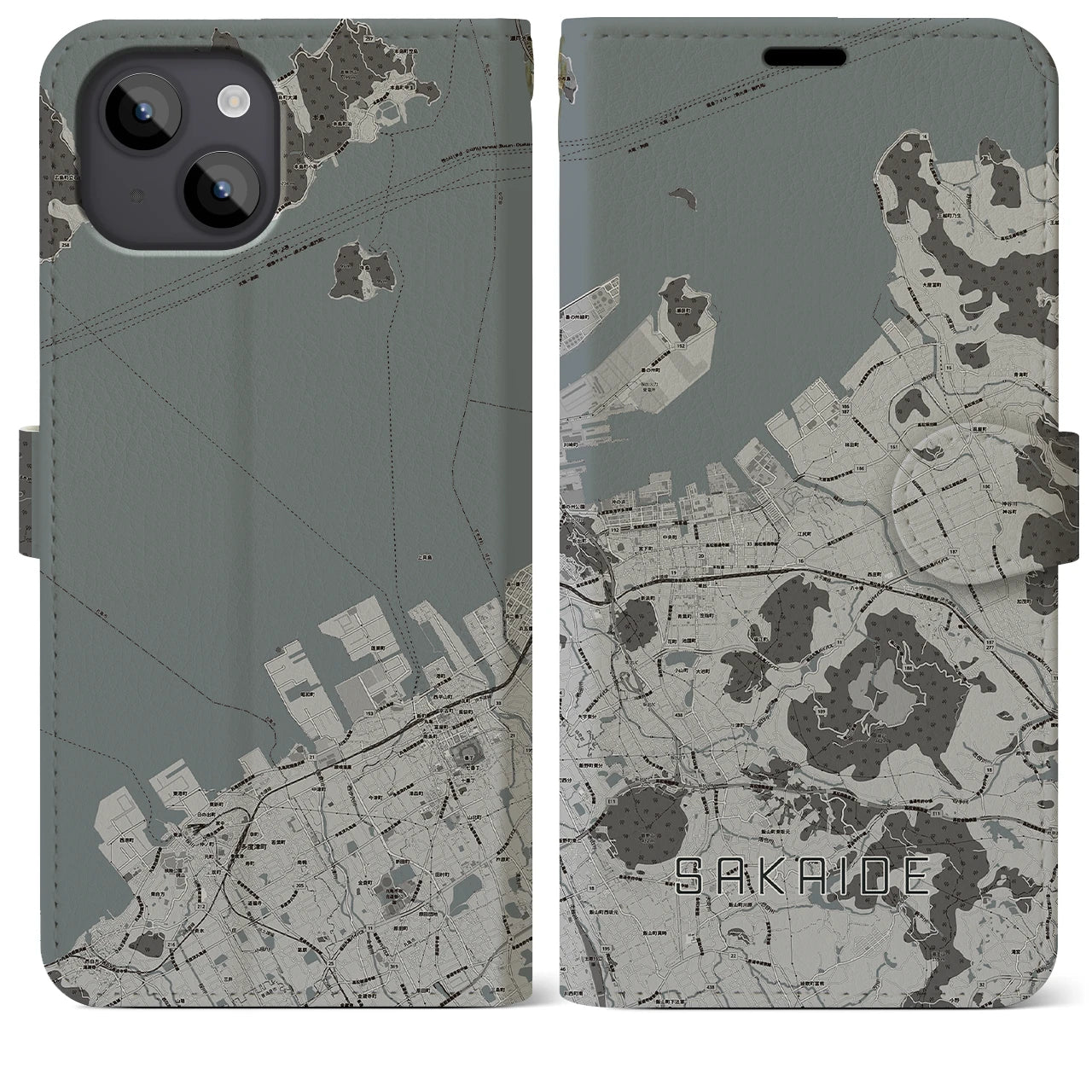 【坂出(香川県)】地図柄iPhoneケース(手帳タイプ)モノトーン・iPhone 14 Plus 用