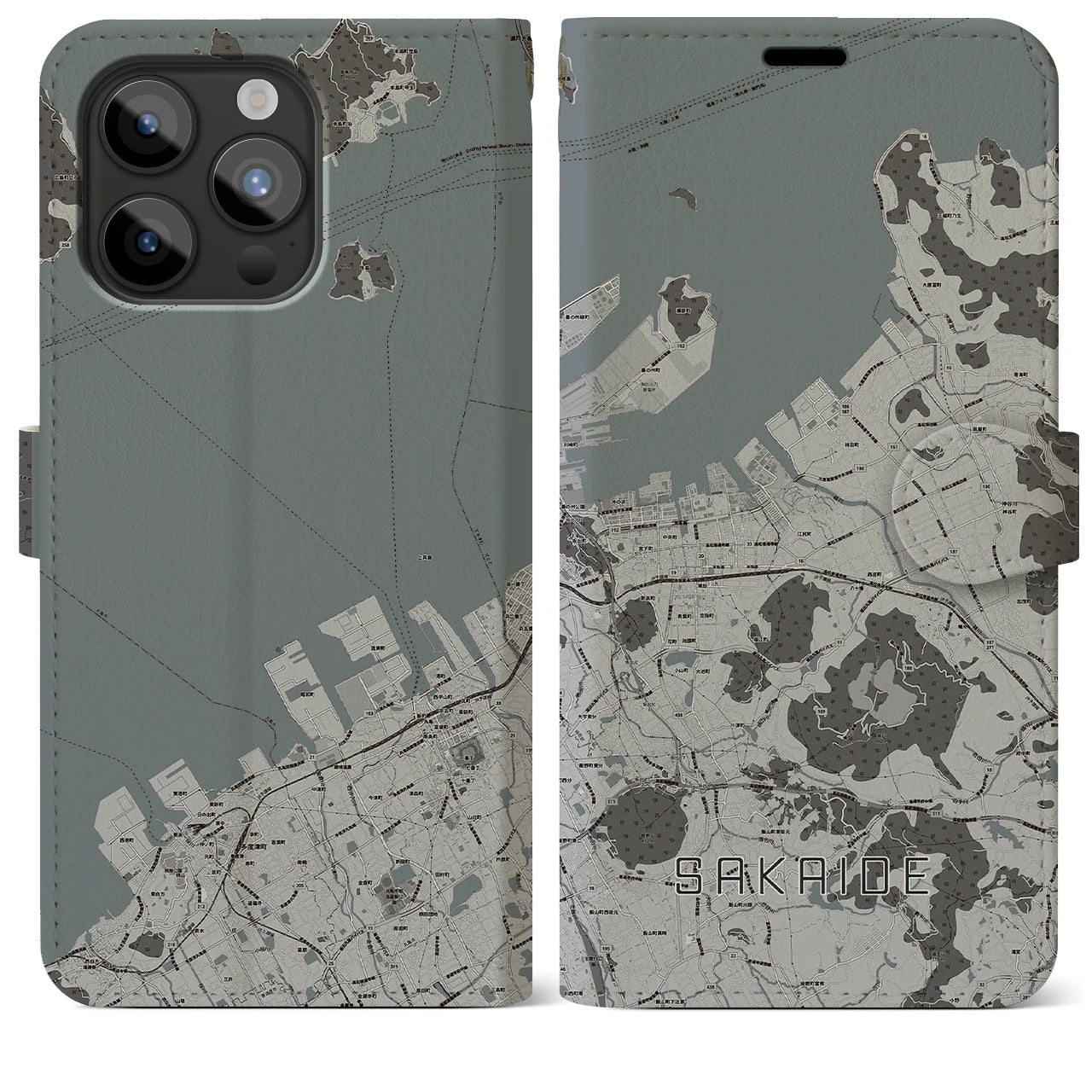 【坂出(香川県)】地図柄iPhoneケース(手帳タイプ)モノトーン・iPhone 15 Pro Max 用