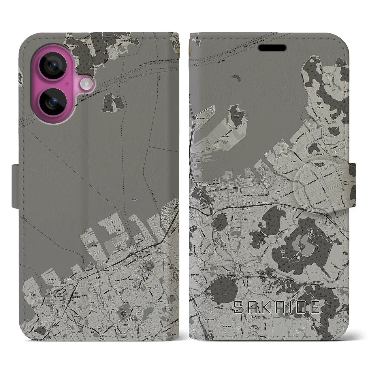 【坂出(香川県)】地図柄iPhoneケース(手帳タイプ)モノトーン・iPhone 16 Pro 用