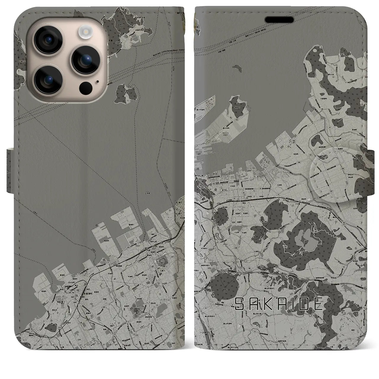 【坂出(香川県)】地図柄iPhoneケース(手帳タイプ)モノトーン・iPhone 16 Plus 用