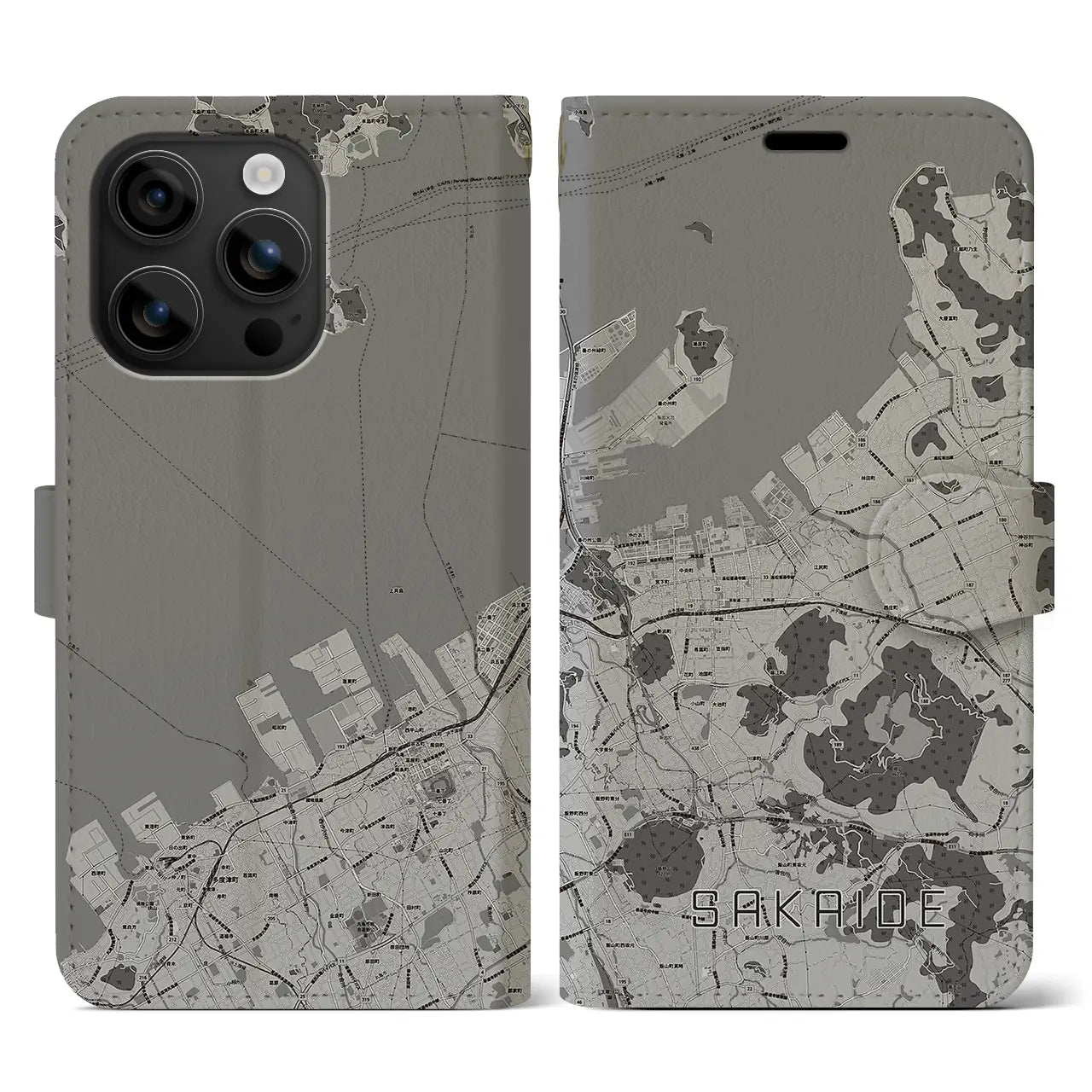 【坂出(香川県)】地図柄iPhoneケース(手帳タイプ)モノトーン・iPhone 16 用