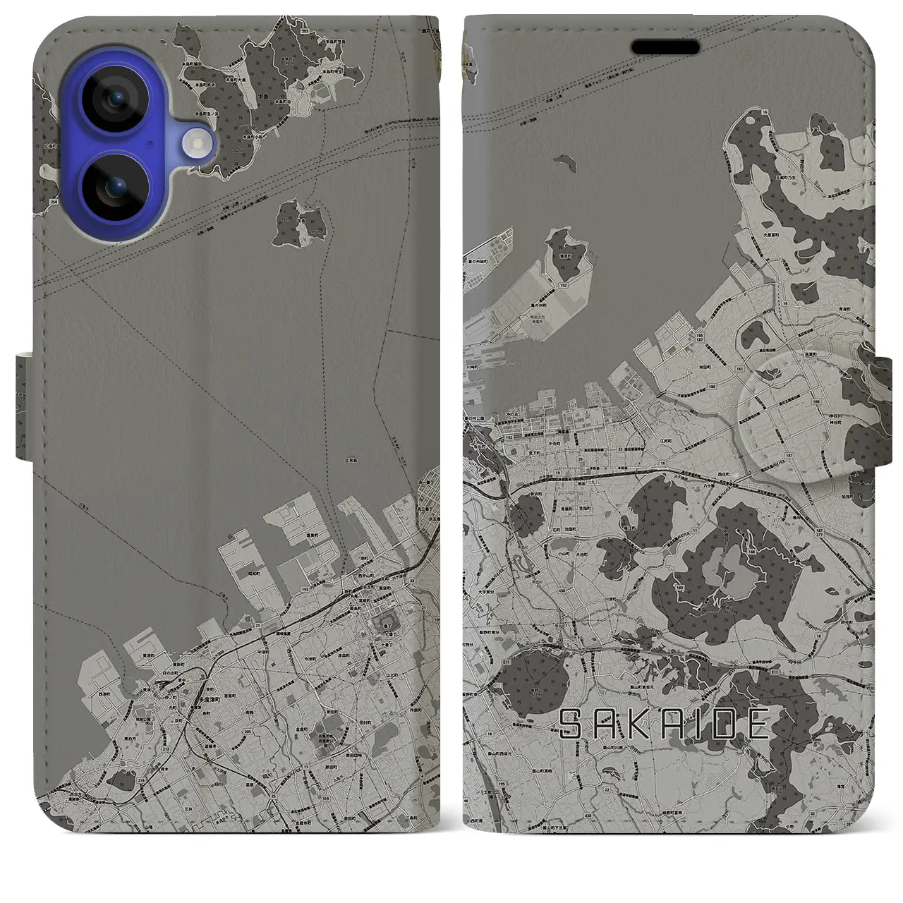 【坂出(香川県)】地図柄iPhoneケース(手帳タイプ)モノトーン・iPhone 16 Pro Max 用