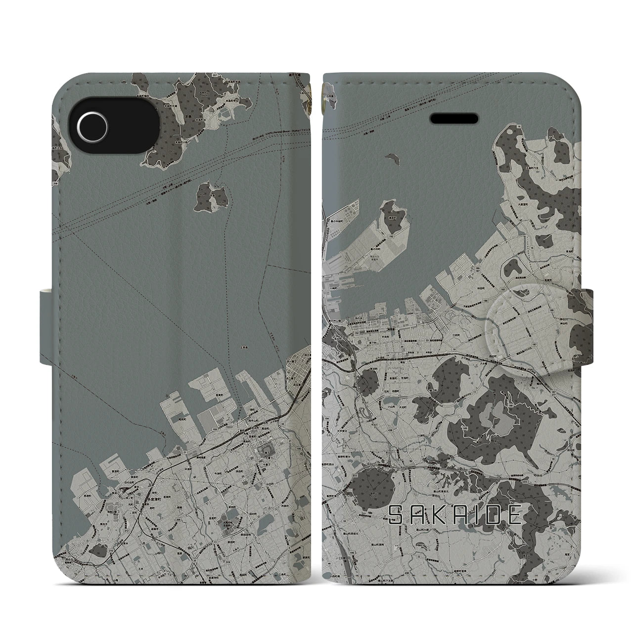 【坂出(香川県)】地図柄iPhoneケース(手帳タイプ)モノトーン・iPhone SE(第3 / 第2世代) / 8 / 7 / 6s / 6 用