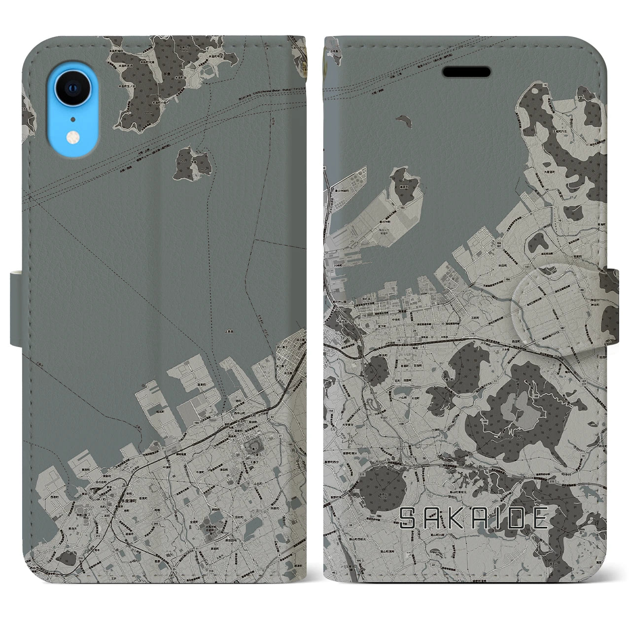 【坂出(香川県)】地図柄iPhoneケース(手帳タイプ)モノトーン・iPhone XR 用