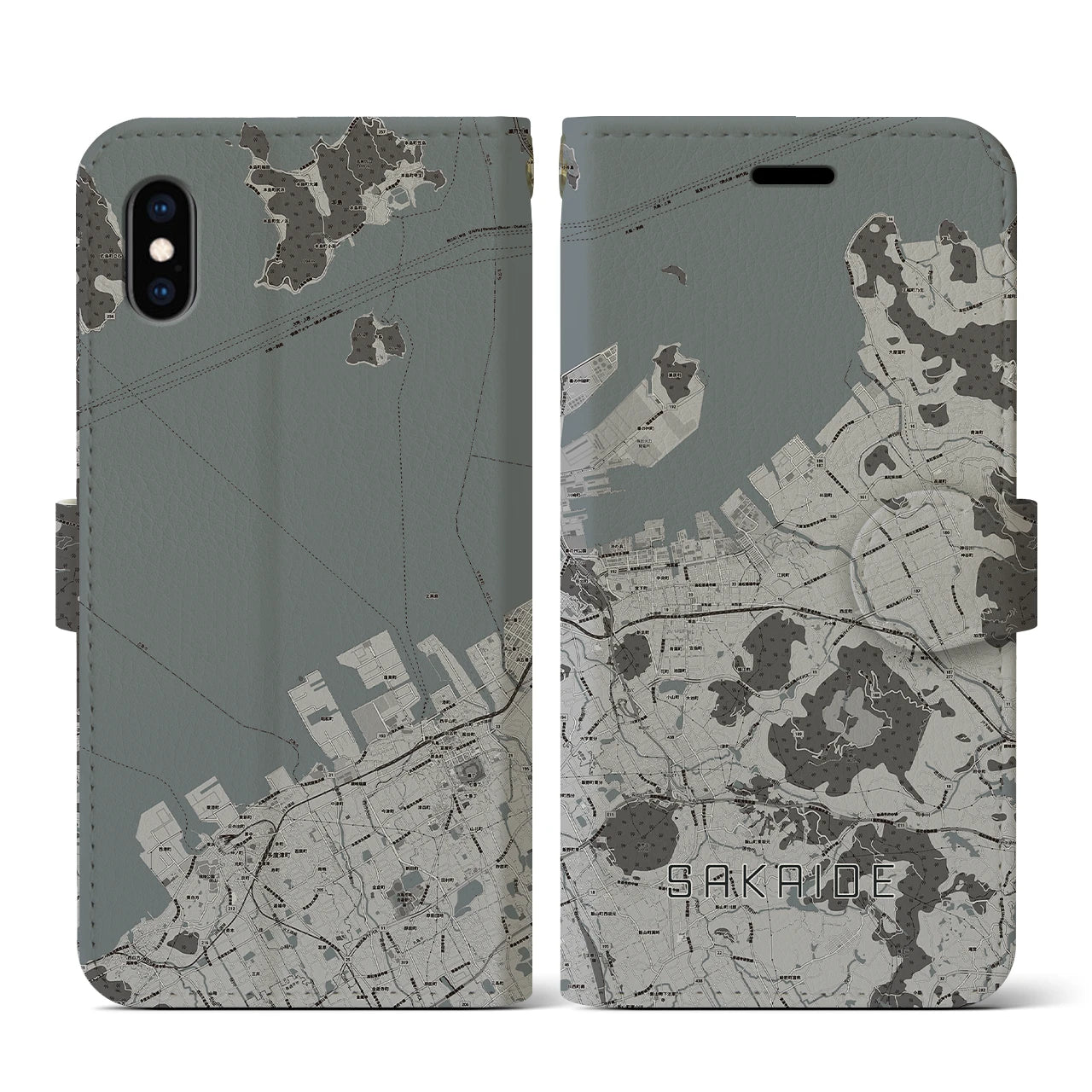 【坂出(香川県)】地図柄iPhoneケース(手帳タイプ)モノトーン・iPhone XS / X 用