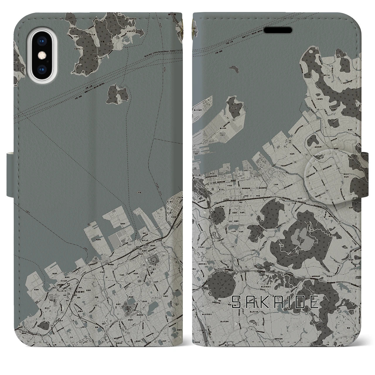 【坂出(香川県)】地図柄iPhoneケース(手帳タイプ)モノトーン・iPhone XS Max 用