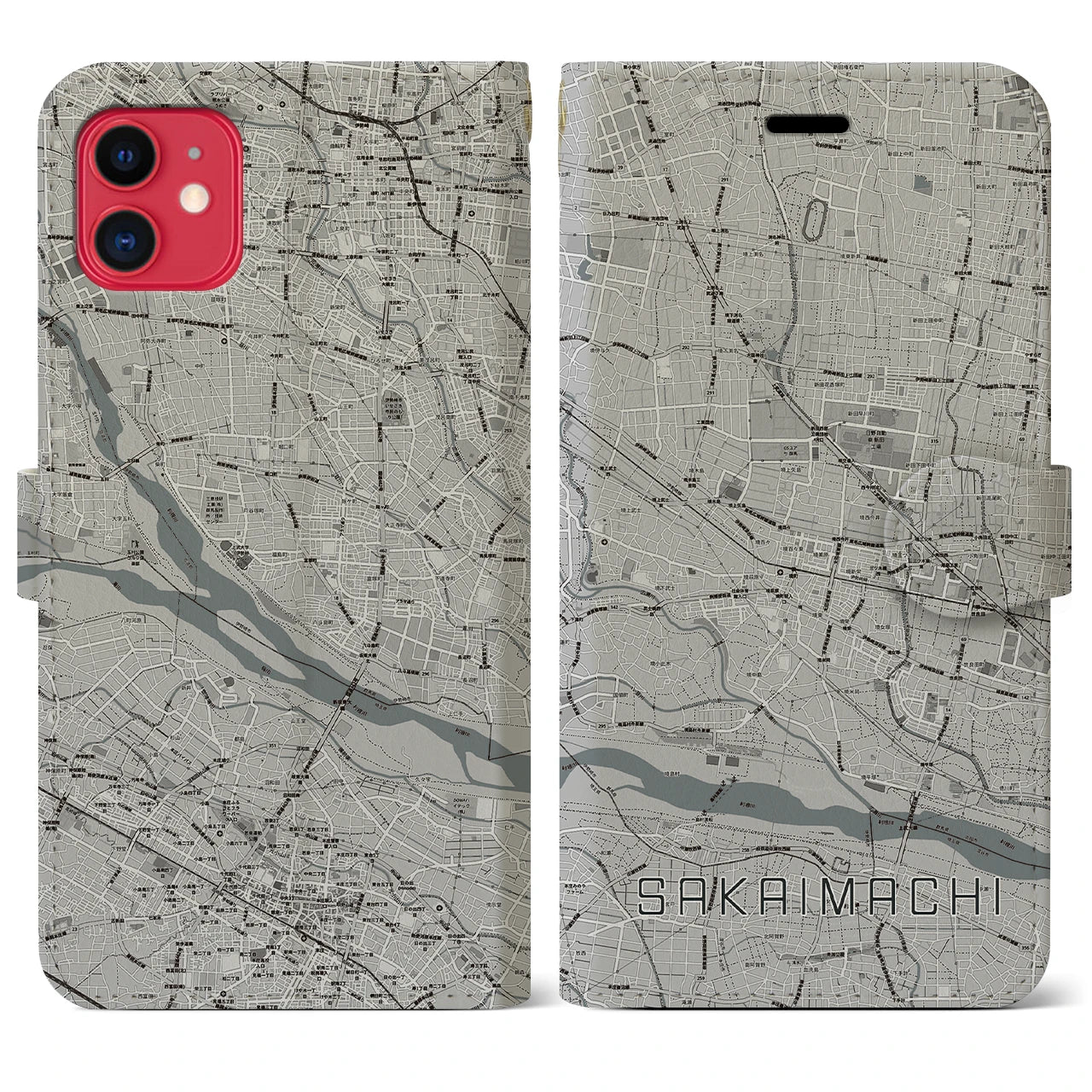 【境町(群馬県)】地図柄iPhoneケース(手帳タイプ)モノトーン・iPhone 11 用