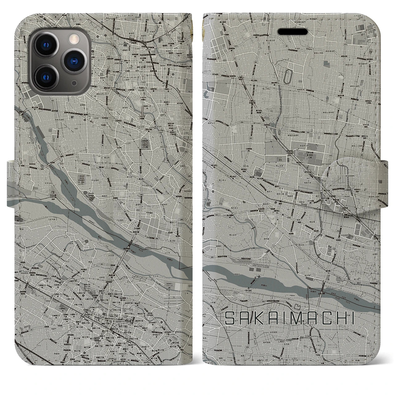 【境町(群馬県)】地図柄iPhoneケース(手帳タイプ)モノトーン・iPhone 11 Pro Max 用