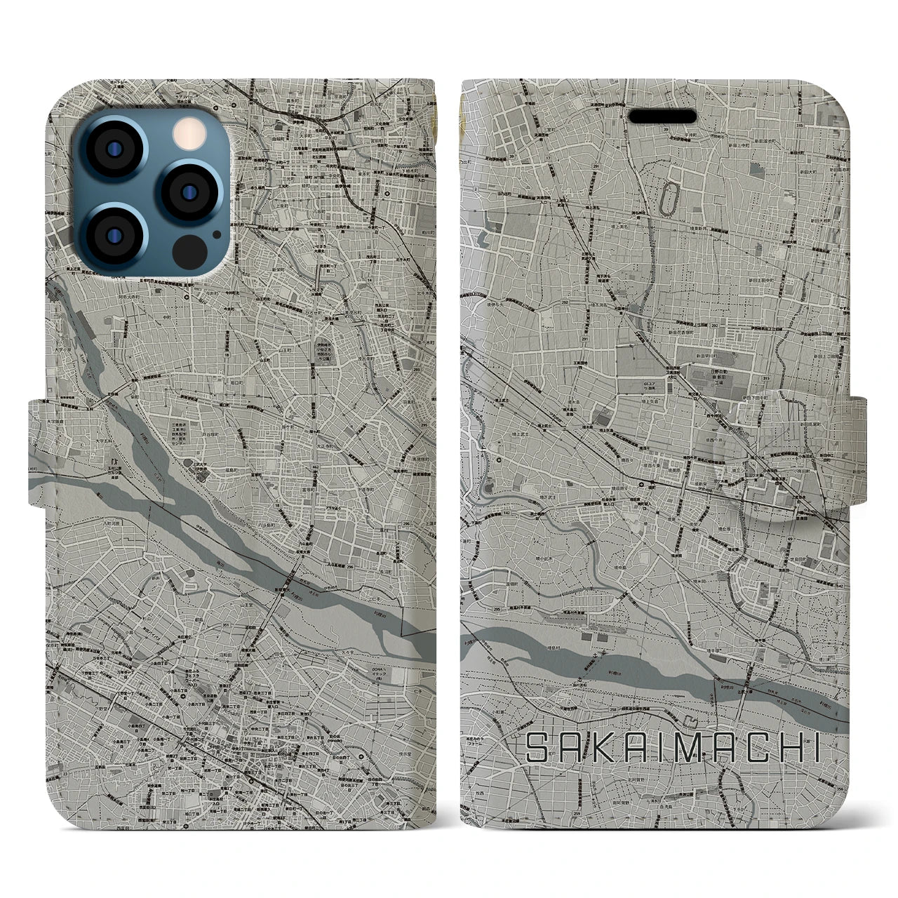 【境町(群馬県)】地図柄iPhoneケース(手帳タイプ)モノトーン・iPhone 12 / 12 Pro 用