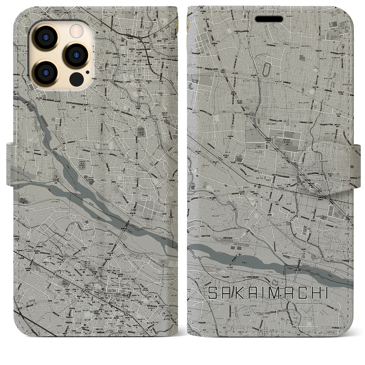 【境町(群馬県)】地図柄iPhoneケース(手帳タイプ)モノトーン・iPhone 12 Pro Max 用
