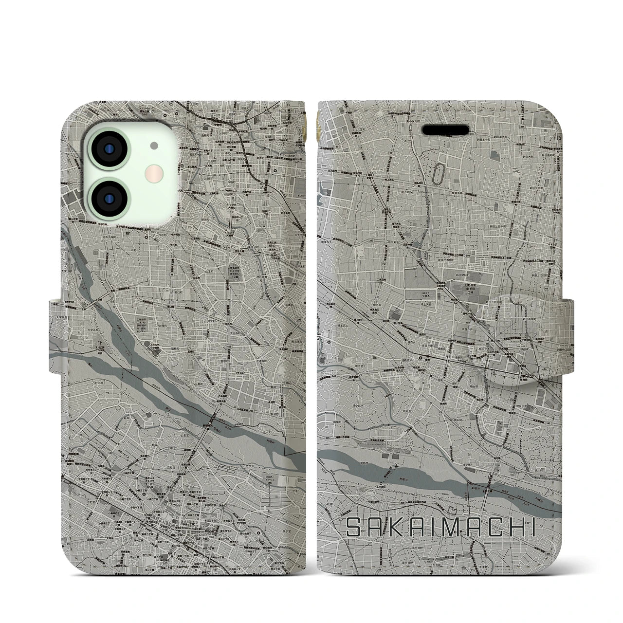 【境町(群馬県)】地図柄iPhoneケース(手帳タイプ)モノトーン・iPhone 12 mini 用