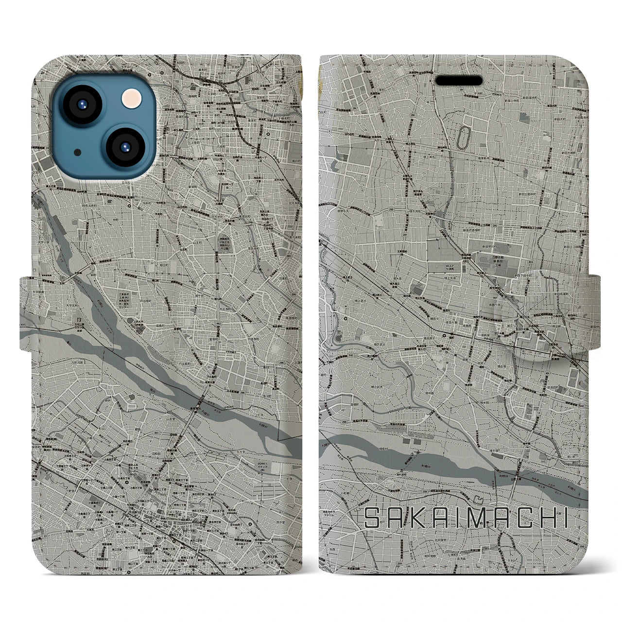 【境町(群馬県)】地図柄iPhoneケース(手帳タイプ)モノトーン・iPhone 13 用
