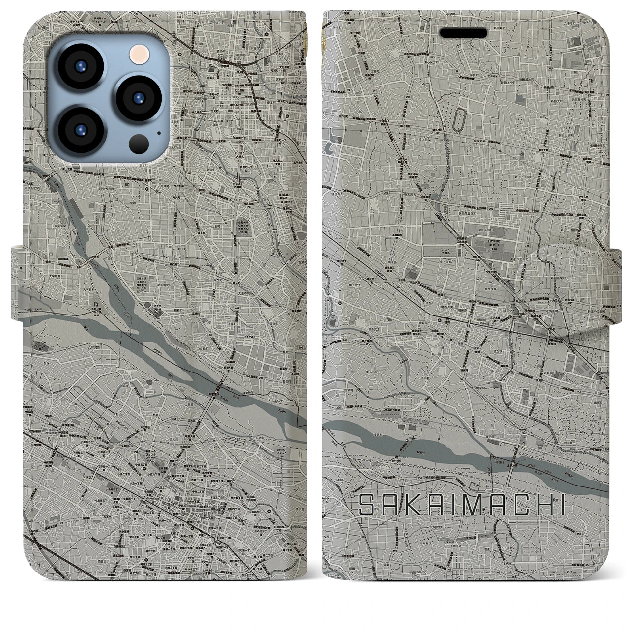 【境町(群馬県)】地図柄iPhoneケース(手帳タイプ)モノトーン・iPhone 13 Pro Max 用