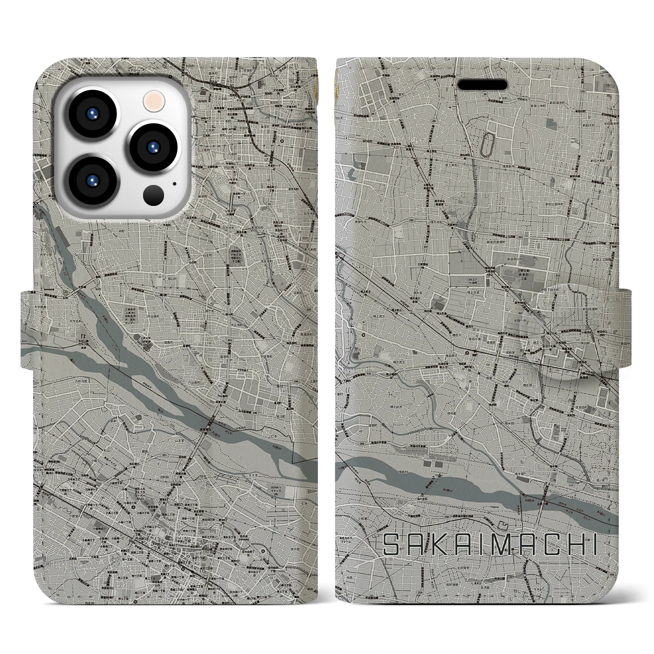 【境町(群馬県)】地図柄iPhoneケース(手帳タイプ)モノトーン・iPhone 13 Pro 用