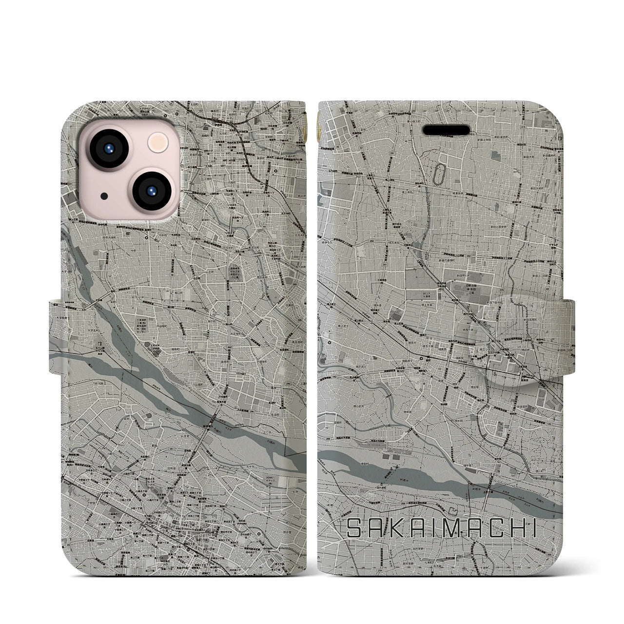 【境町(群馬県)】地図柄iPhoneケース(手帳タイプ)モノトーン・iPhone 13 mini 用