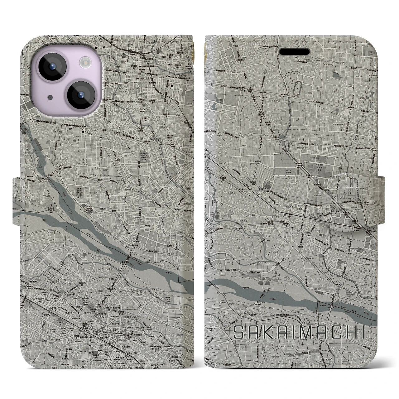 【境町(群馬県)】地図柄iPhoneケース(手帳タイプ)モノトーン・iPhone 14 用