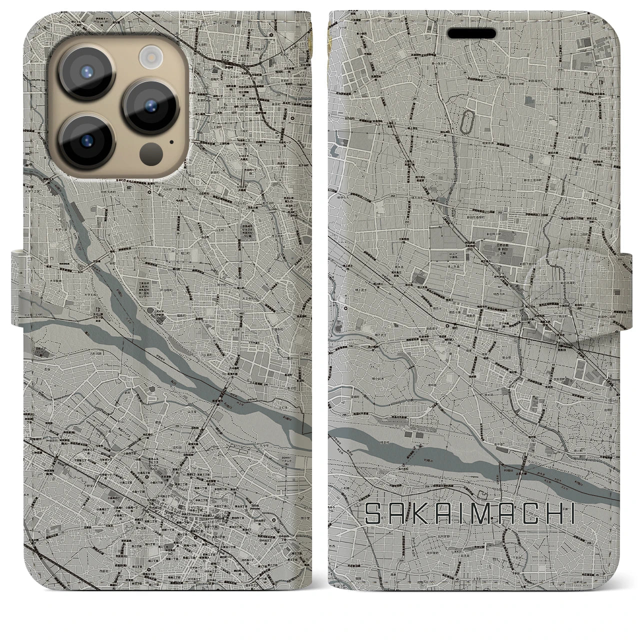 【境町(群馬県)】地図柄iPhoneケース(手帳タイプ)モノトーン・iPhone 14 Pro Max 用