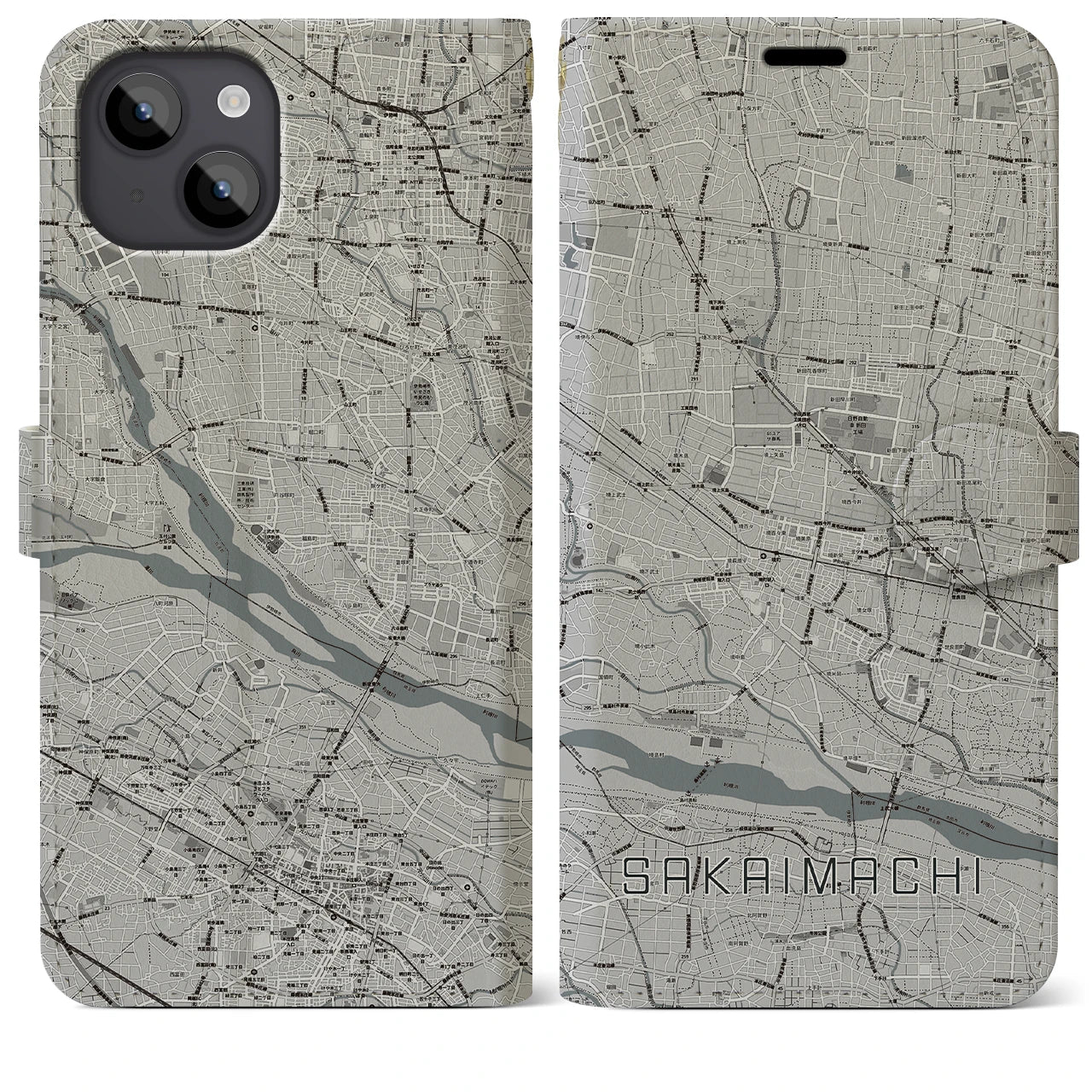 【境町(群馬県)】地図柄iPhoneケース(手帳タイプ)モノトーン・iPhone 14 Plus 用