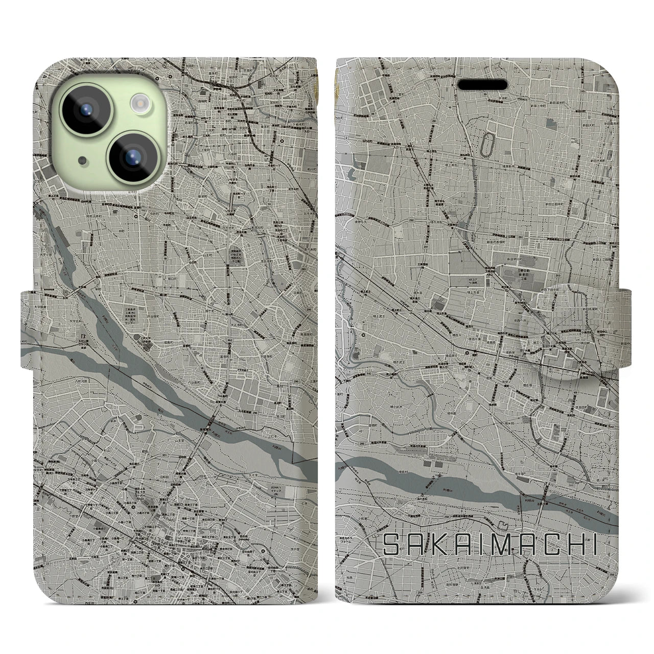【境町(群馬県)】地図柄iPhoneケース(手帳タイプ)モノトーン・iPhone 15 用