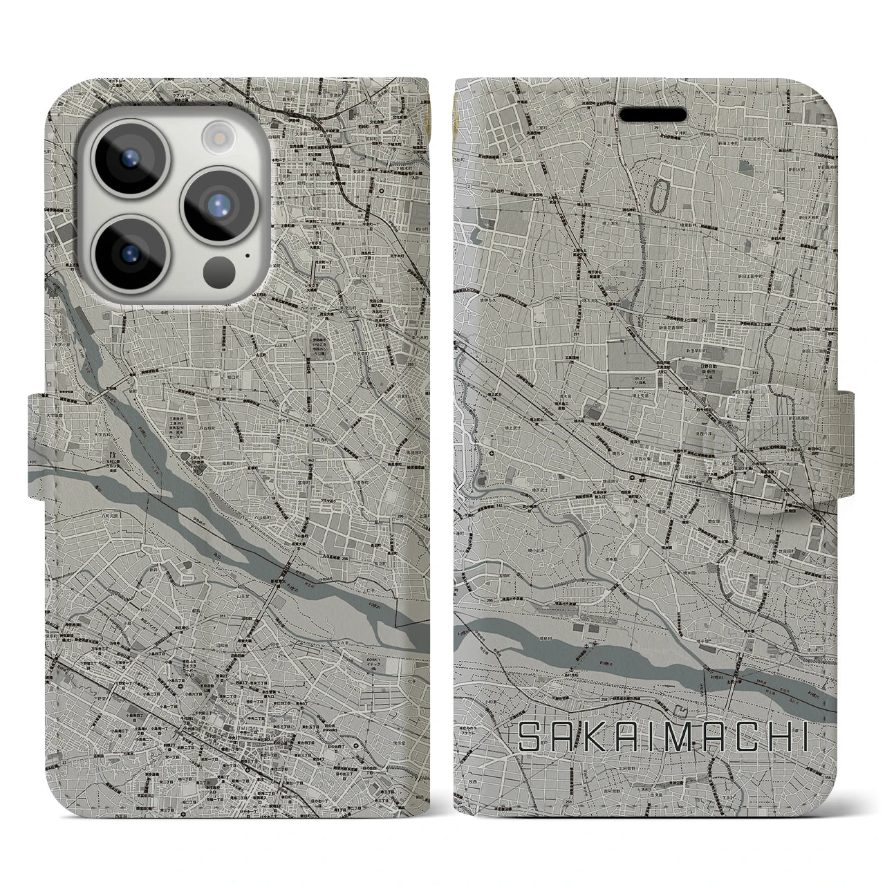 【境町(群馬県)】地図柄iPhoneケース(手帳タイプ)モノトーン・iPhone 15 Pro 用