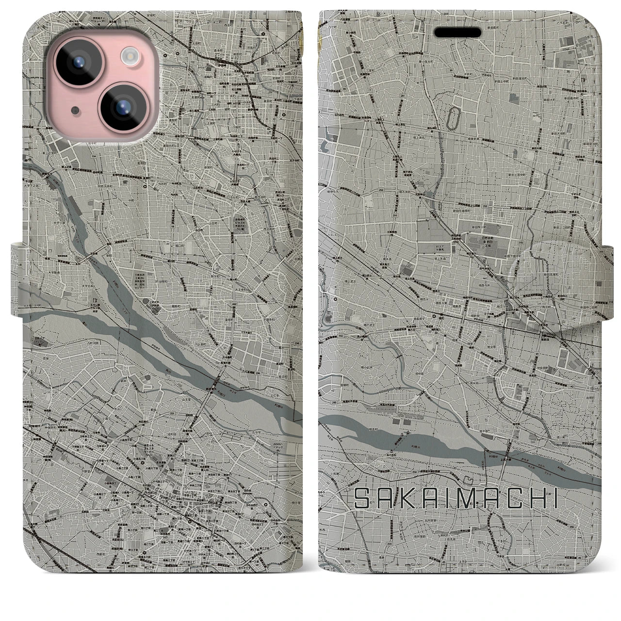 【境町(群馬県)】地図柄iPhoneケース(手帳タイプ)モノトーン・iPhone 15 Plus 用