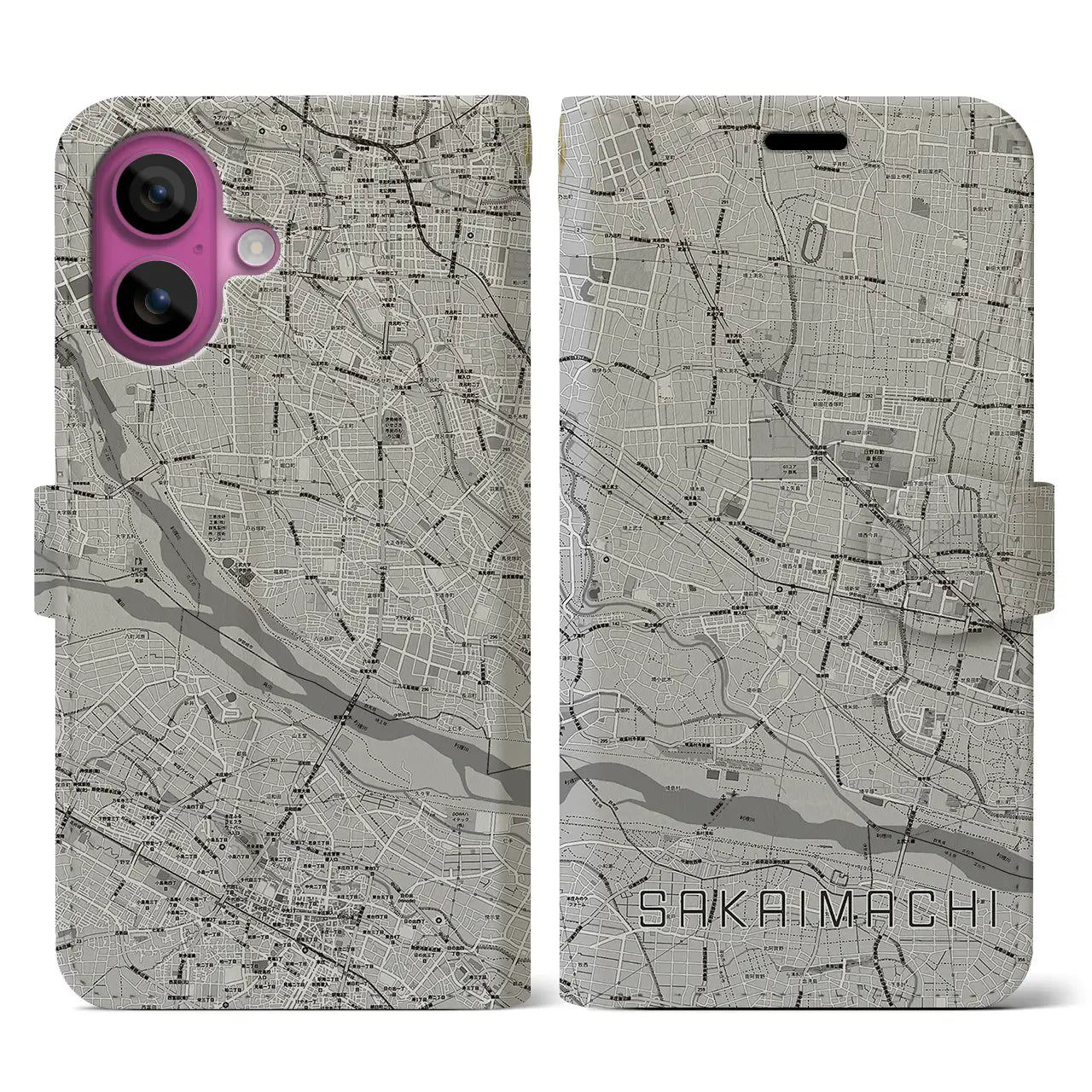 【境町(群馬県)】地図柄iPhoneケース(手帳タイプ)モノトーン・iPhone 16 Pro 用
