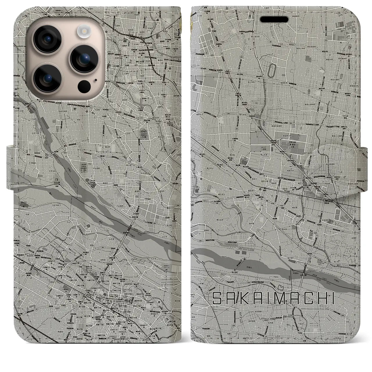 【境町(群馬県)】地図柄iPhoneケース(手帳タイプ)モノトーン・iPhone 16 Plus 用