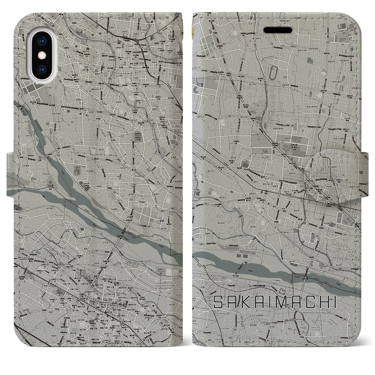 【境町(群馬県)】地図柄iPhoneケース(手帳タイプ)モノトーン・iPhone XS Max 用