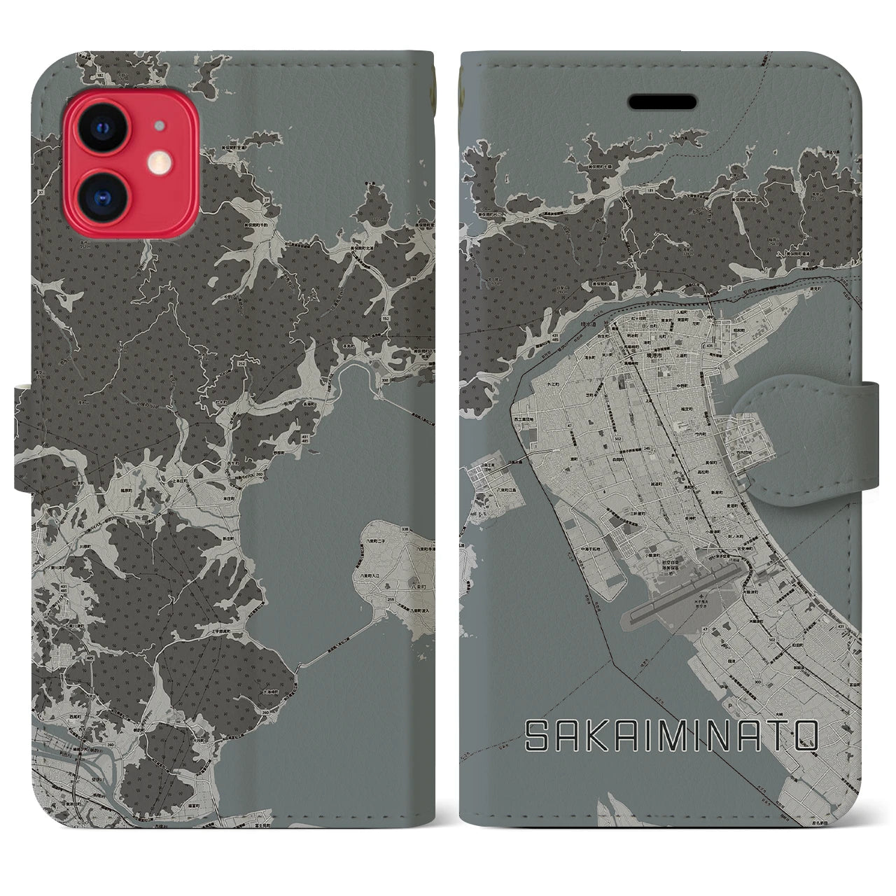 【境港(鳥取県)】地図柄iPhoneケース(手帳タイプ)モノトーン・iPhone 11 用