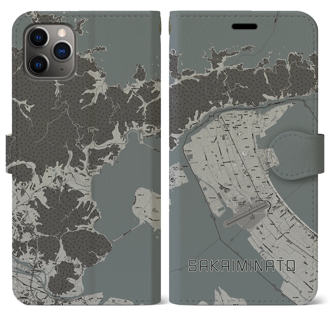 【境港(鳥取県)】地図柄iPhoneケース(手帳タイプ)モノトーン・iPhone 11 Pro Max 用