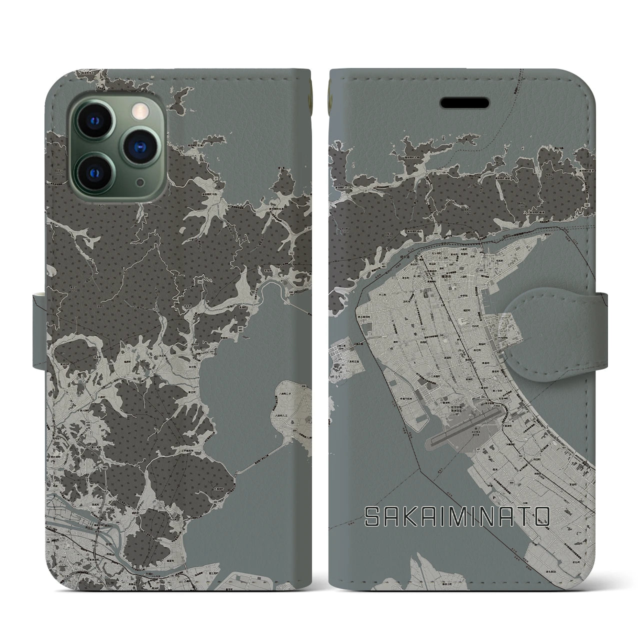 【境港(鳥取県)】地図柄iPhoneケース(手帳タイプ)モノトーン・iPhone 11 Pro 用