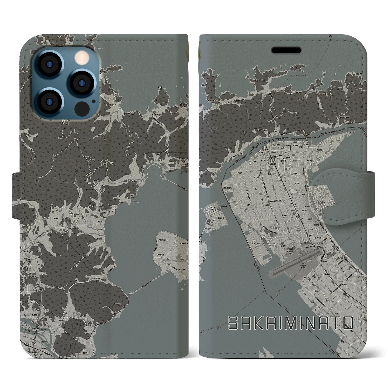 【境港(鳥取県)】地図柄iPhoneケース(手帳タイプ)モノトーン・iPhone 12 / 12 Pro 用