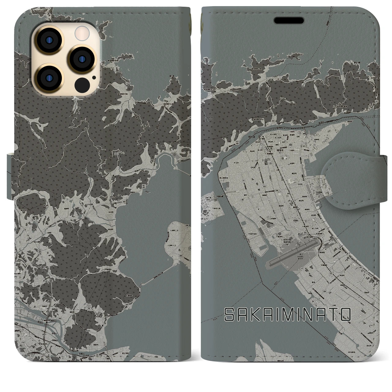 【境港(鳥取県)】地図柄iPhoneケース(手帳タイプ)モノトーン・iPhone 12 Pro Max 用