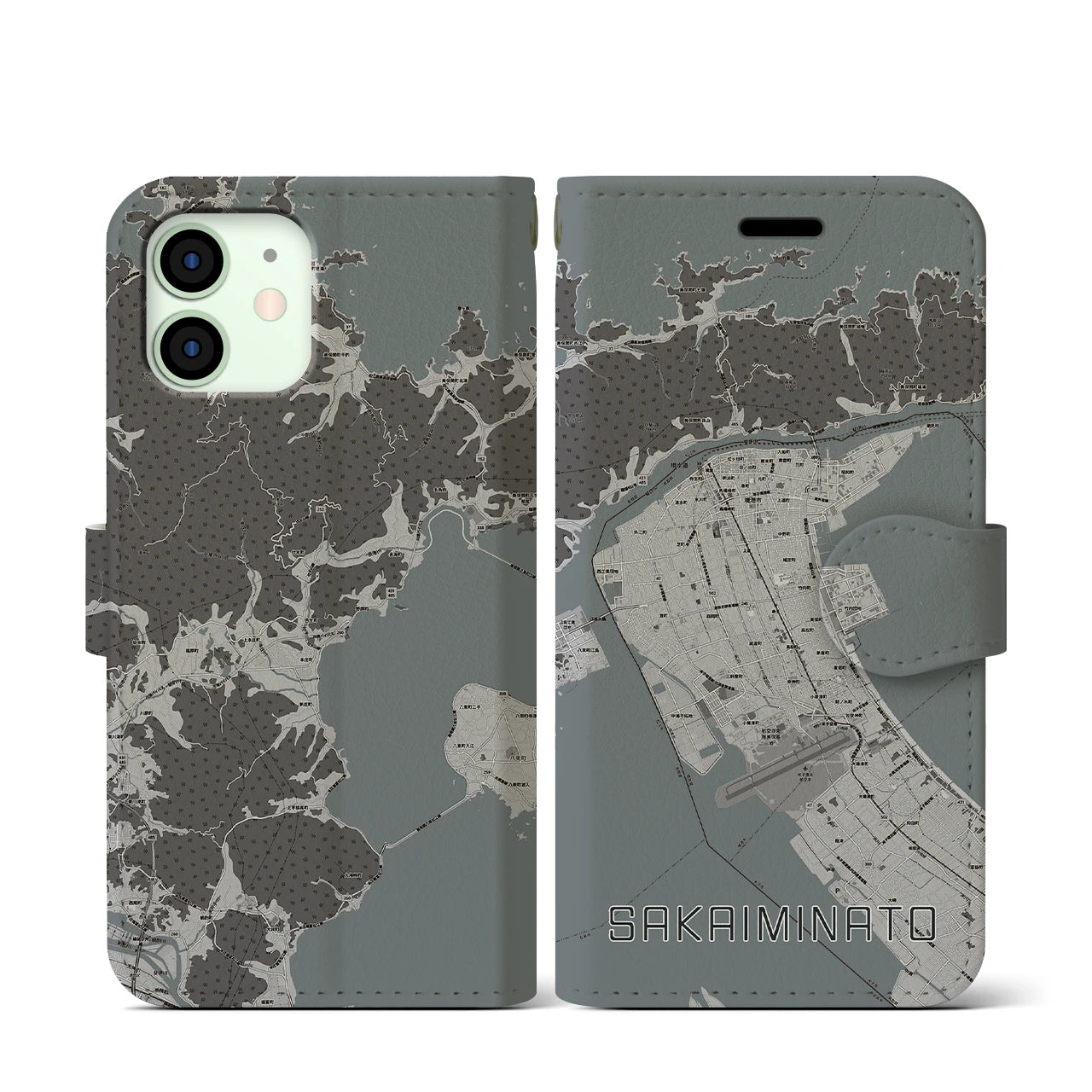 【境港(鳥取県)】地図柄iPhoneケース(手帳タイプ)モノトーン・iPhone 12 mini 用