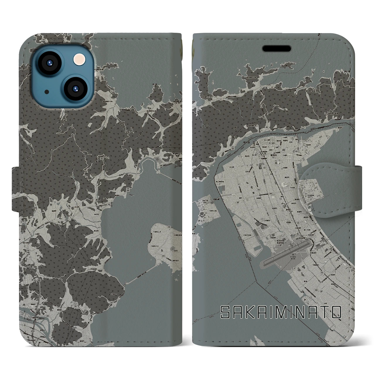 【境港(鳥取県)】地図柄iPhoneケース(手帳タイプ)モノトーン・iPhone 13 用