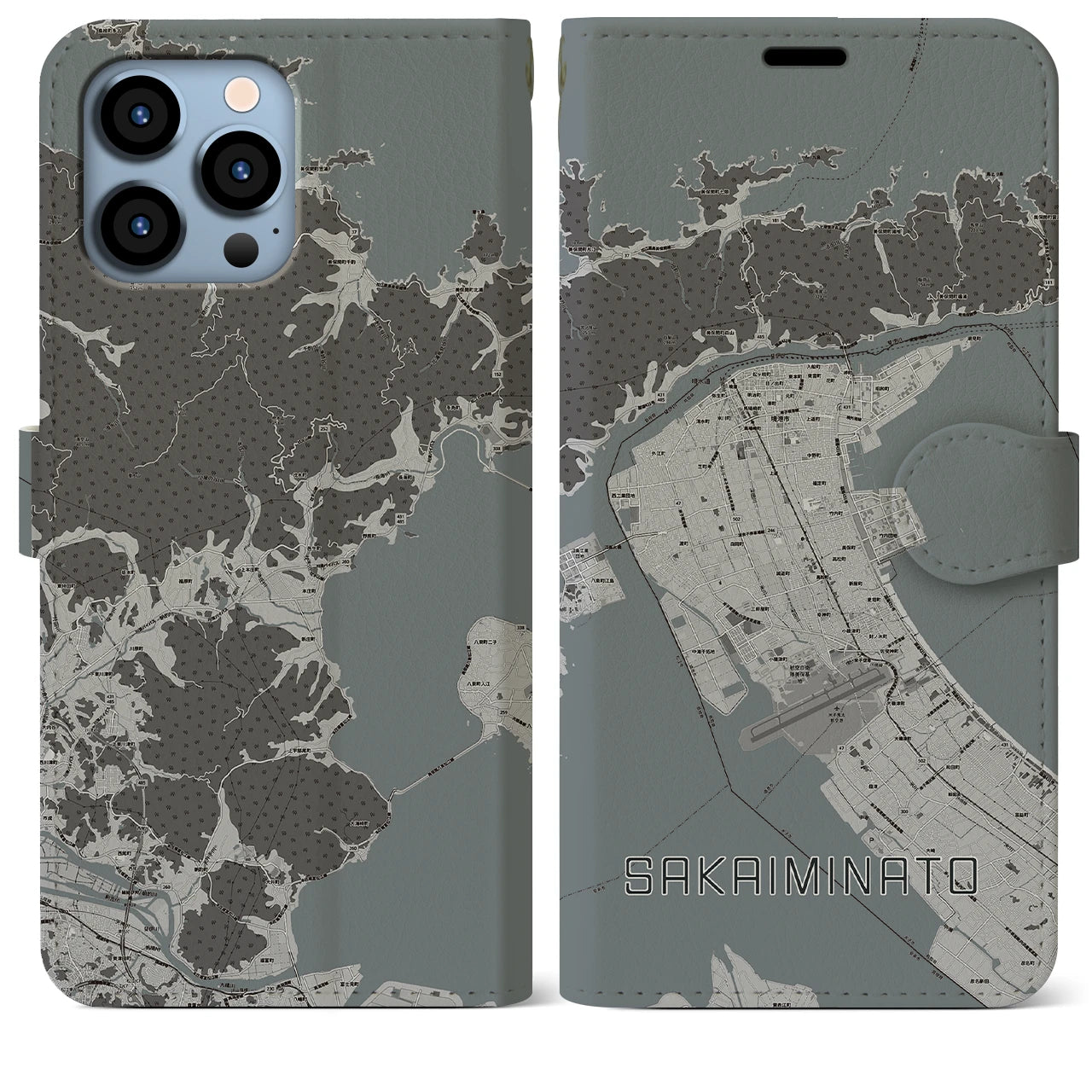 【境港(鳥取県)】地図柄iPhoneケース(手帳タイプ)モノトーン・iPhone 13 Pro Max 用