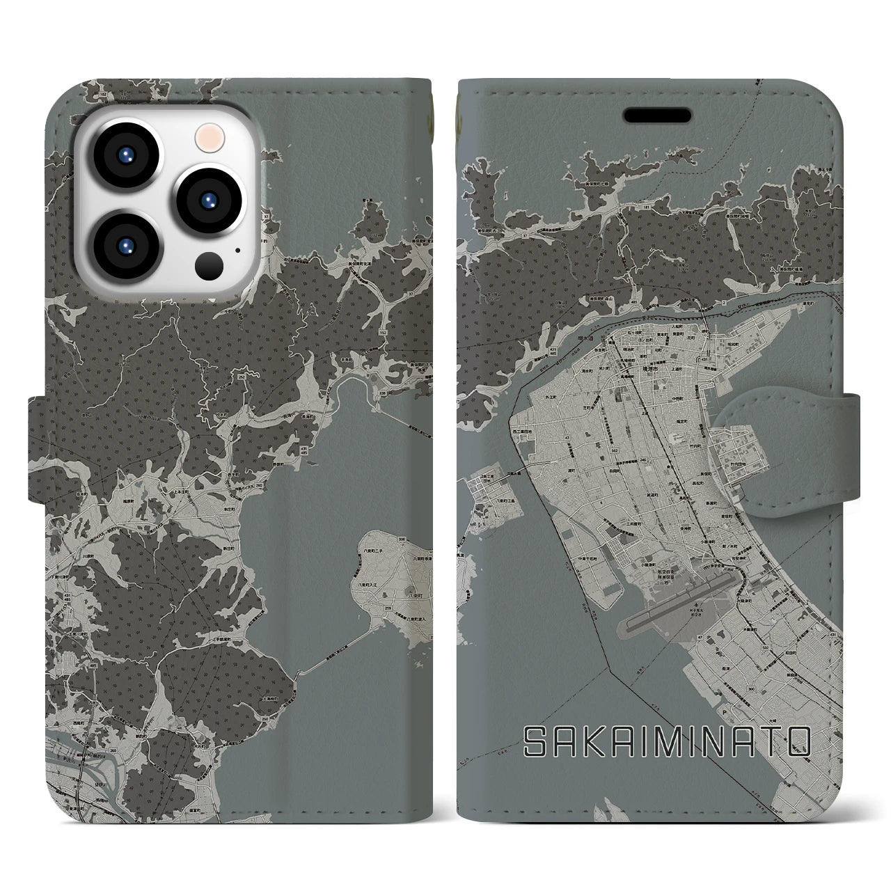 【境港(鳥取県)】地図柄iPhoneケース(手帳タイプ)モノトーン・iPhone 13 Pro 用