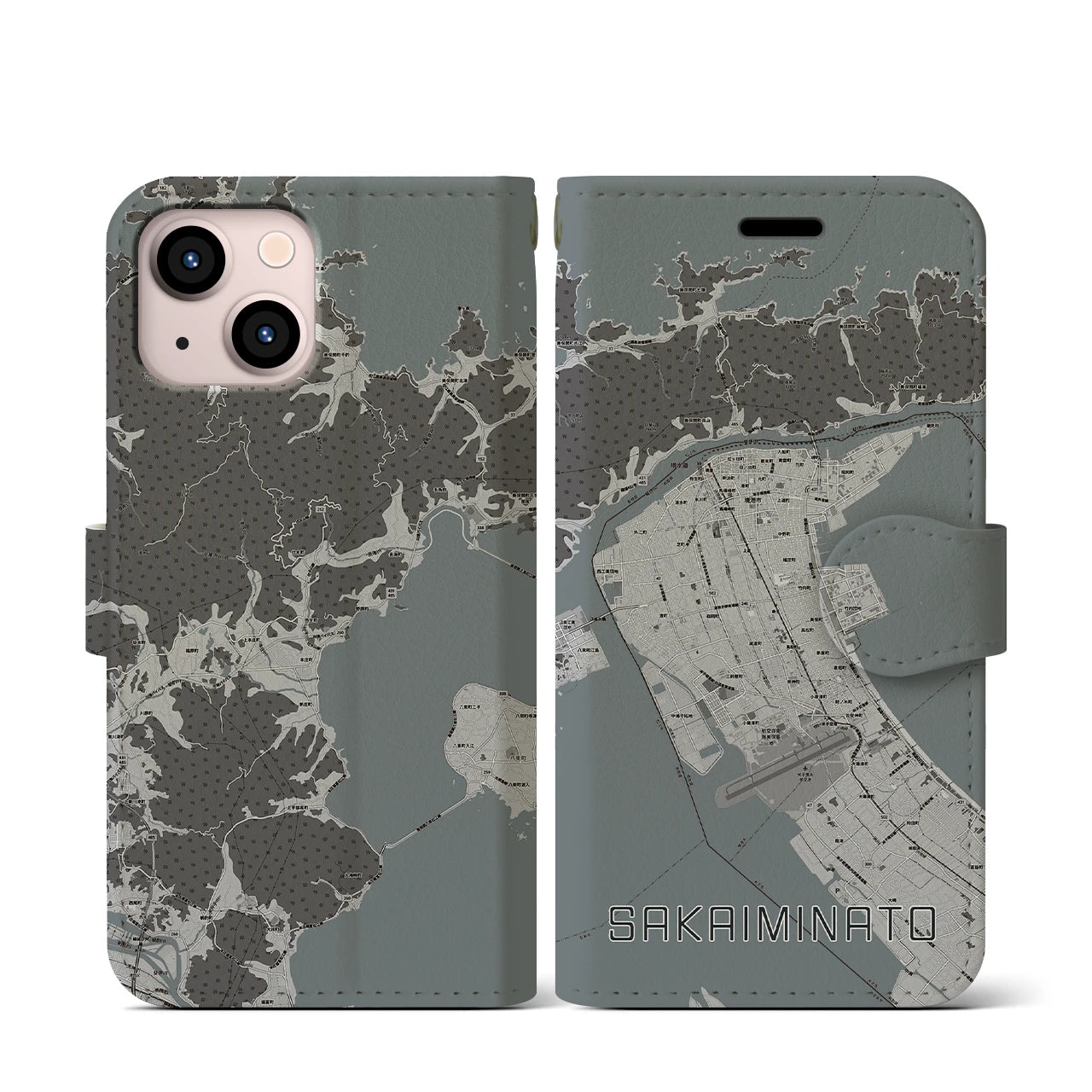 【境港(鳥取県)】地図柄iPhoneケース(手帳タイプ)モノトーン・iPhone 13 mini 用