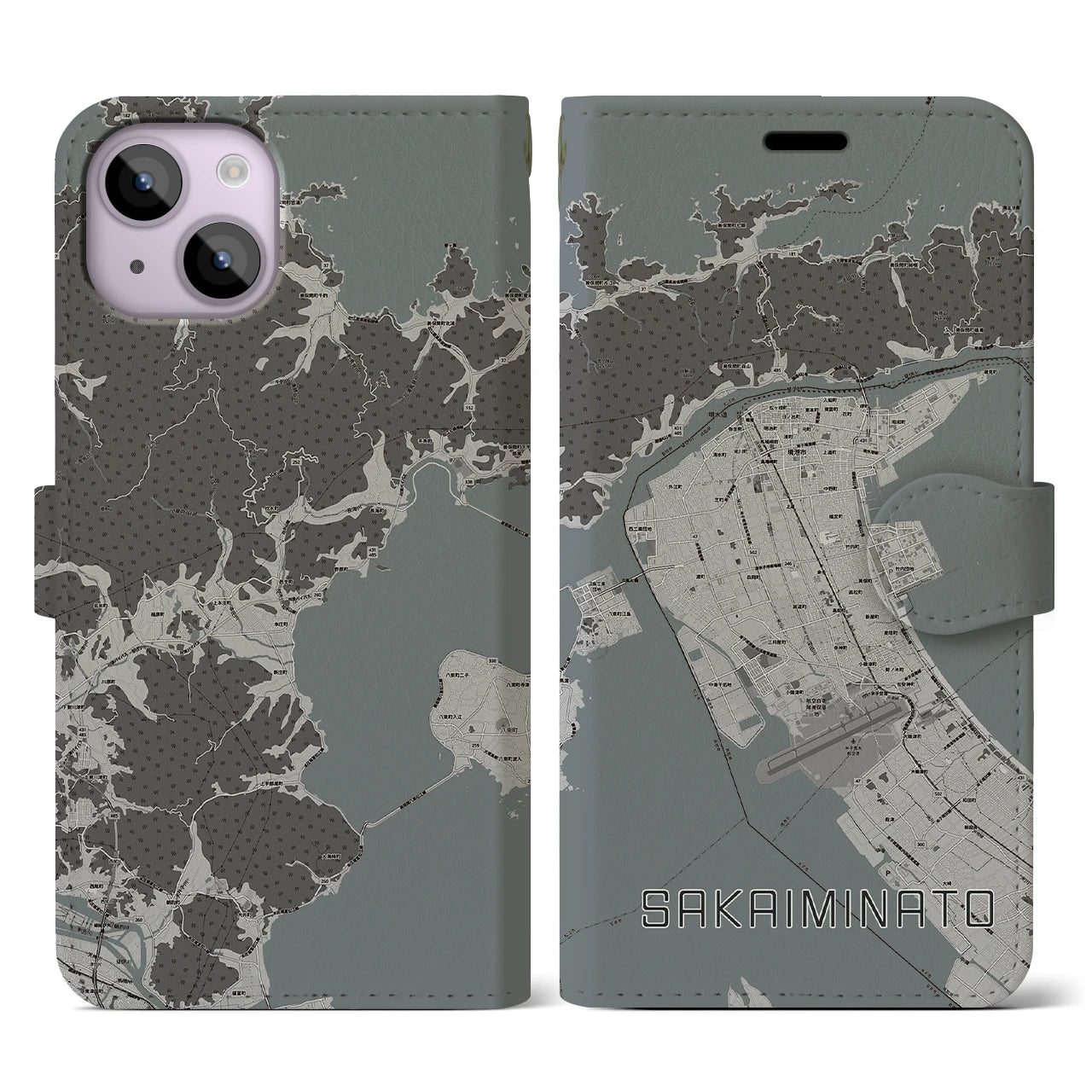 【境港(鳥取県)】地図柄iPhoneケース(手帳タイプ)モノトーン・iPhone 14 用