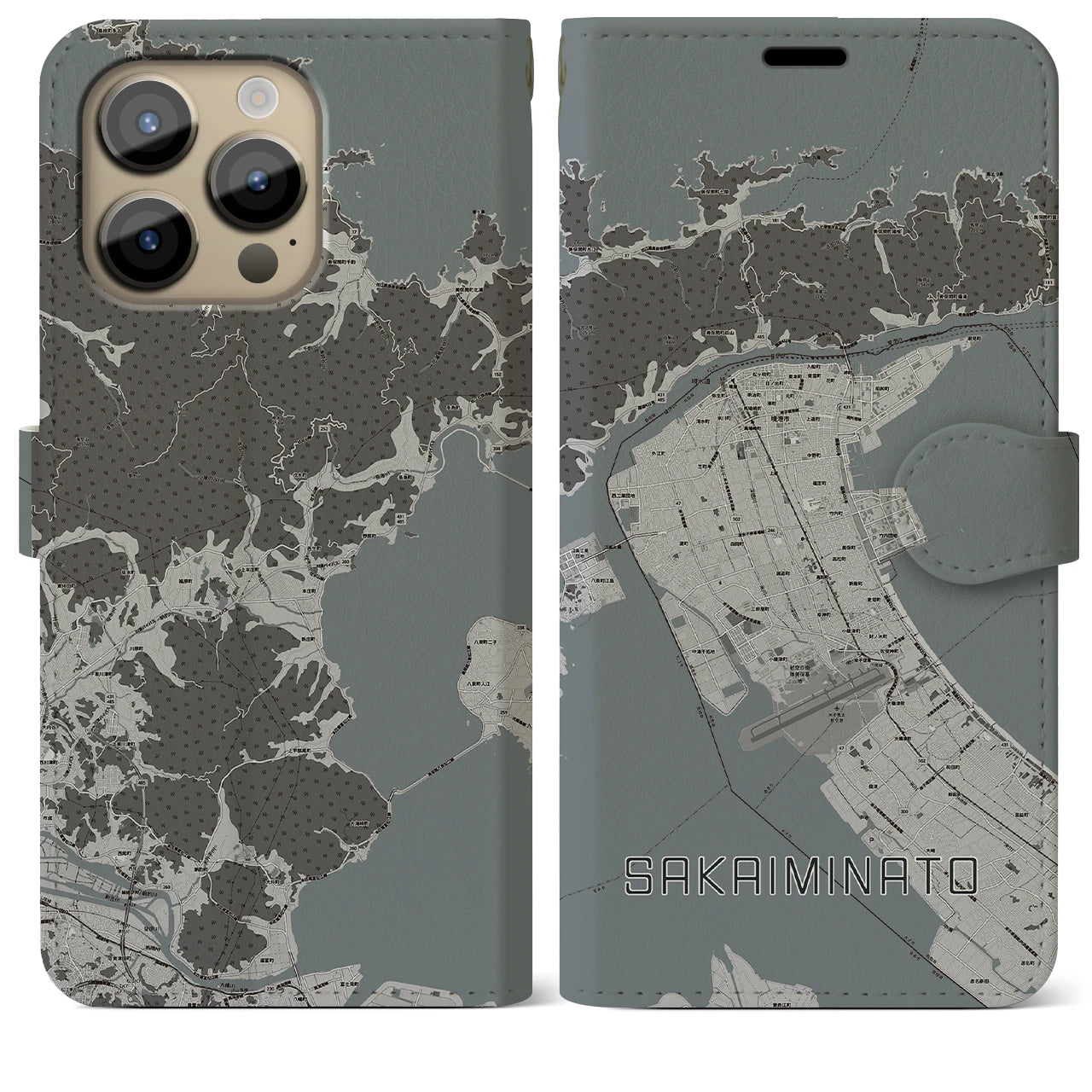 【境港(鳥取県)】地図柄iPhoneケース(手帳タイプ)モノトーン・iPhone 14 Pro Max 用