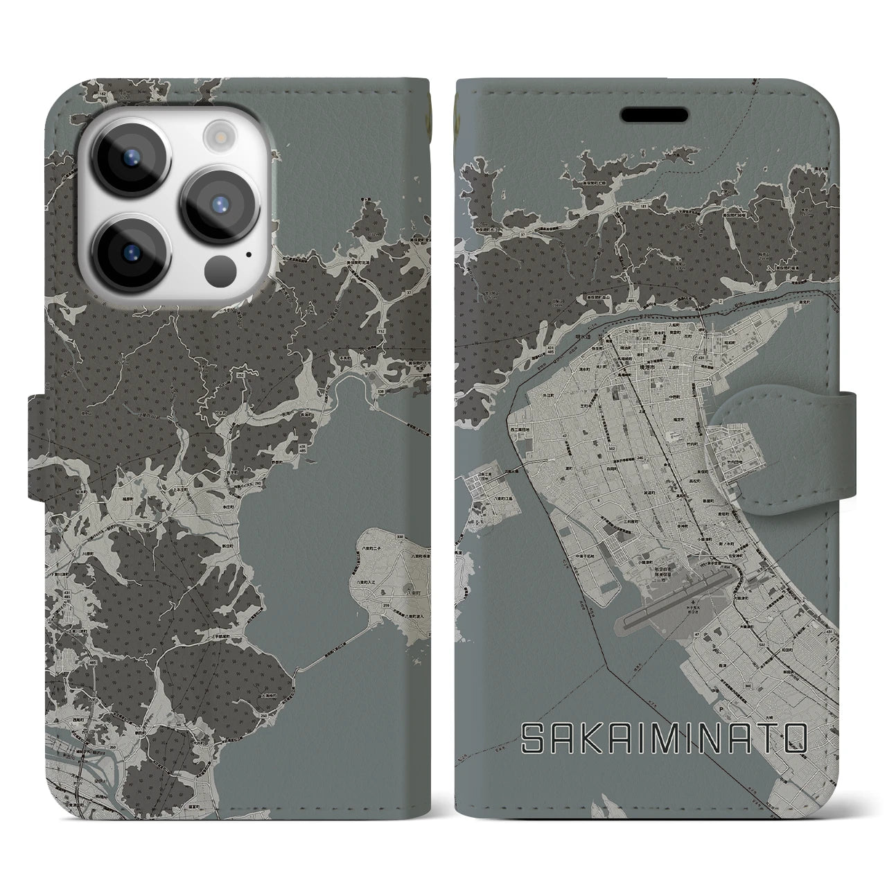 【境港(鳥取県)】地図柄iPhoneケース(手帳タイプ)モノトーン・iPhone 14 Pro 用