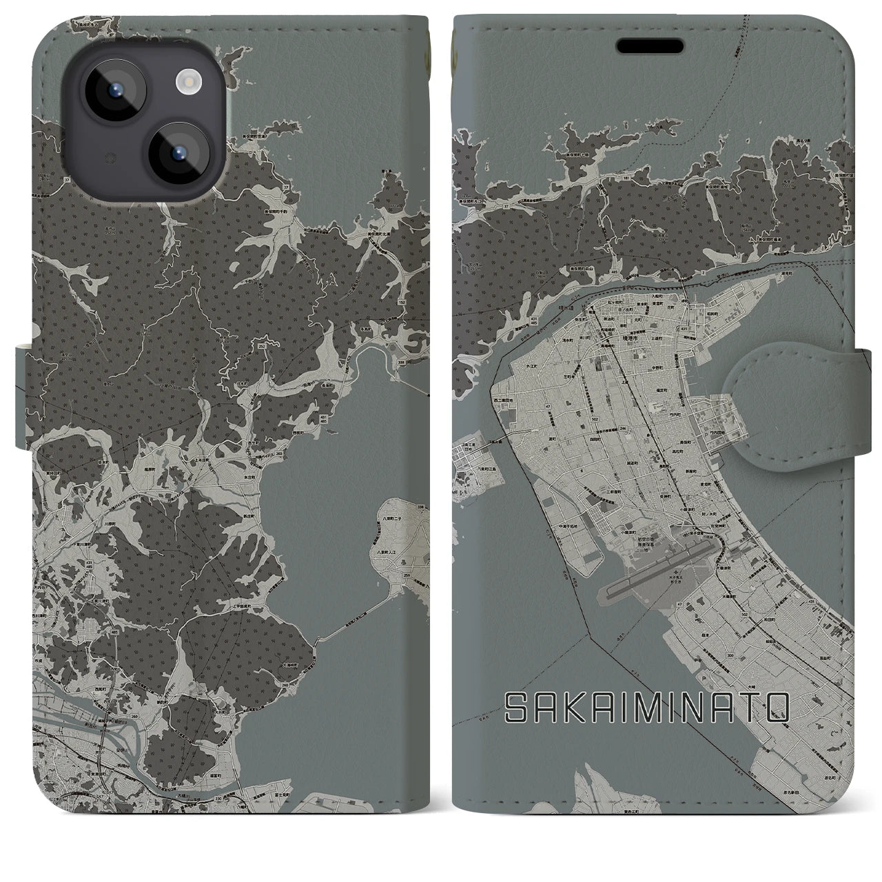 【境港(鳥取県)】地図柄iPhoneケース(手帳タイプ)モノトーン・iPhone 14 Plus 用