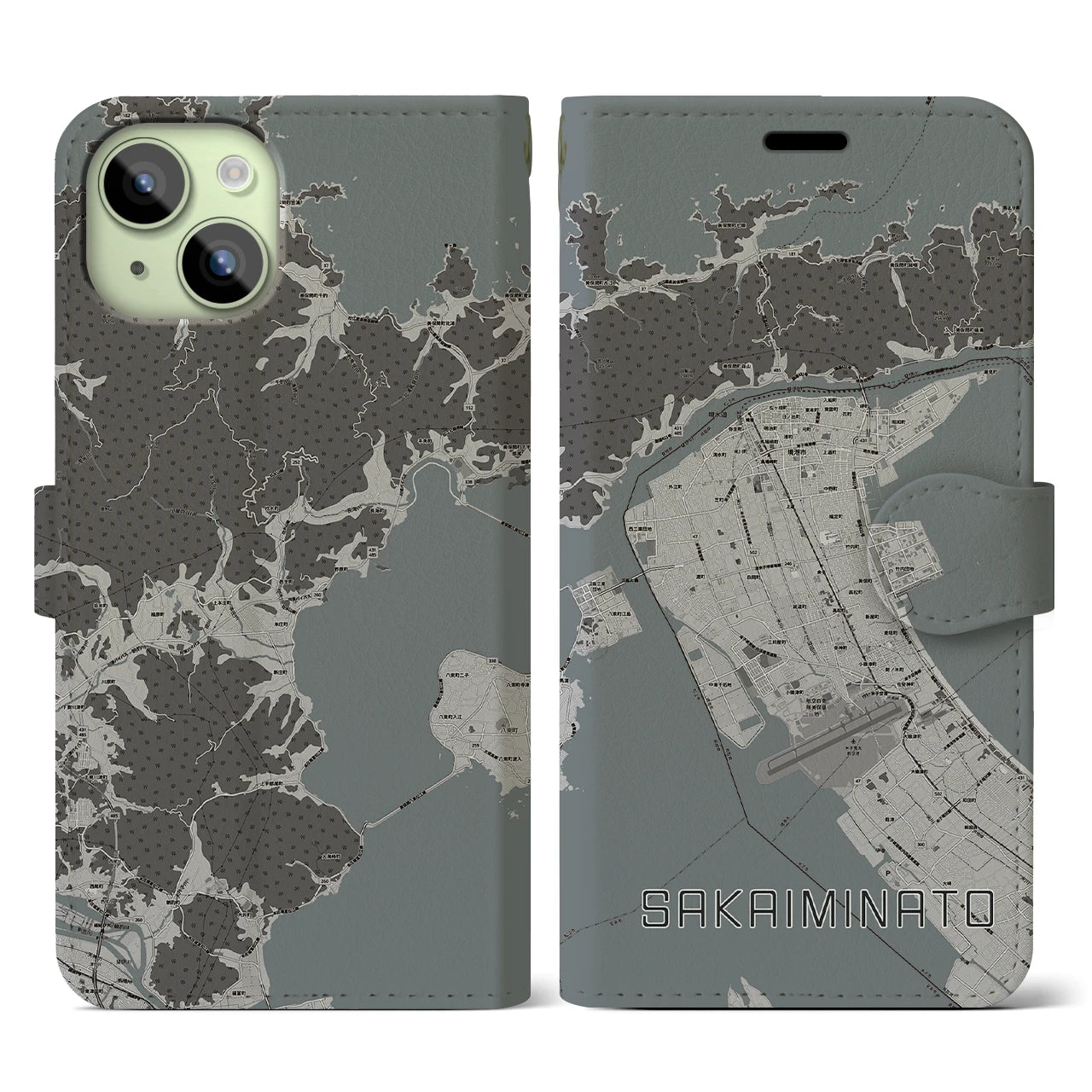 【境港(鳥取県)】地図柄iPhoneケース(手帳タイプ)モノトーン・iPhone 15 用