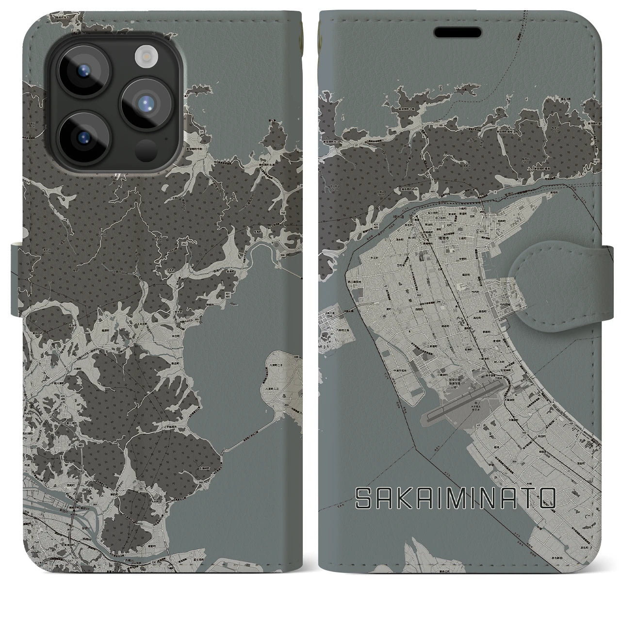 【境港(鳥取県)】地図柄iPhoneケース(手帳タイプ)モノトーン・iPhone 15 Pro Max 用