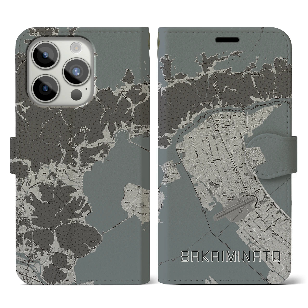 【境港(鳥取県)】地図柄iPhoneケース(手帳タイプ)モノトーン・iPhone 15 Pro 用