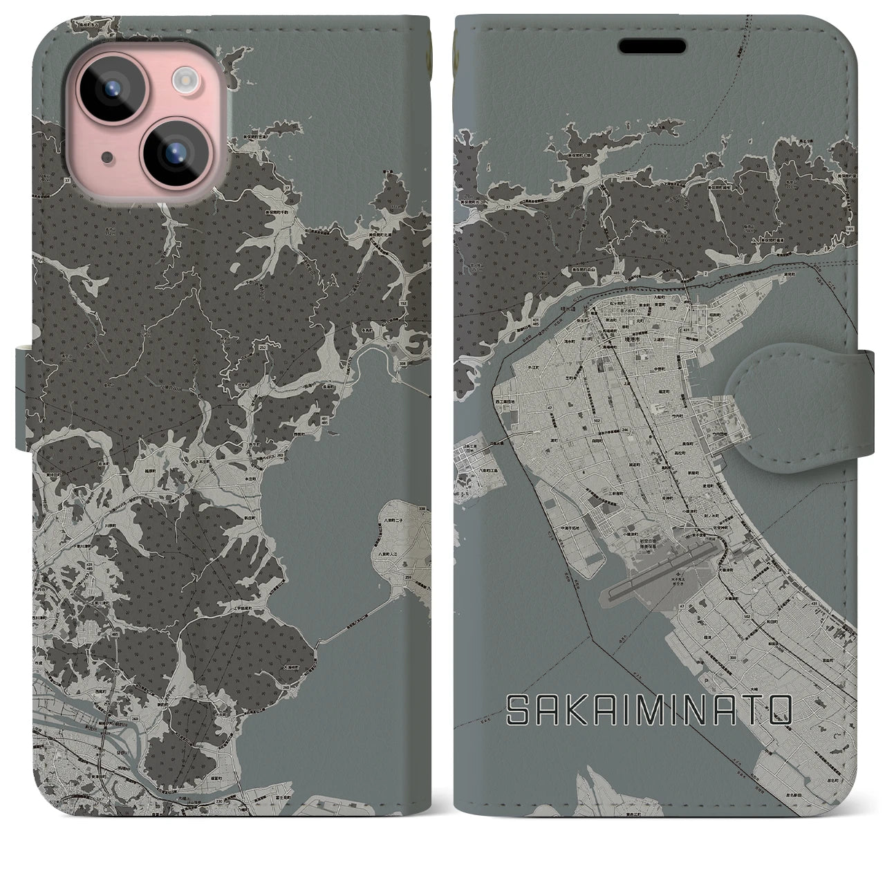 【境港(鳥取県)】地図柄iPhoneケース(手帳タイプ)モノトーン・iPhone 15 Plus 用