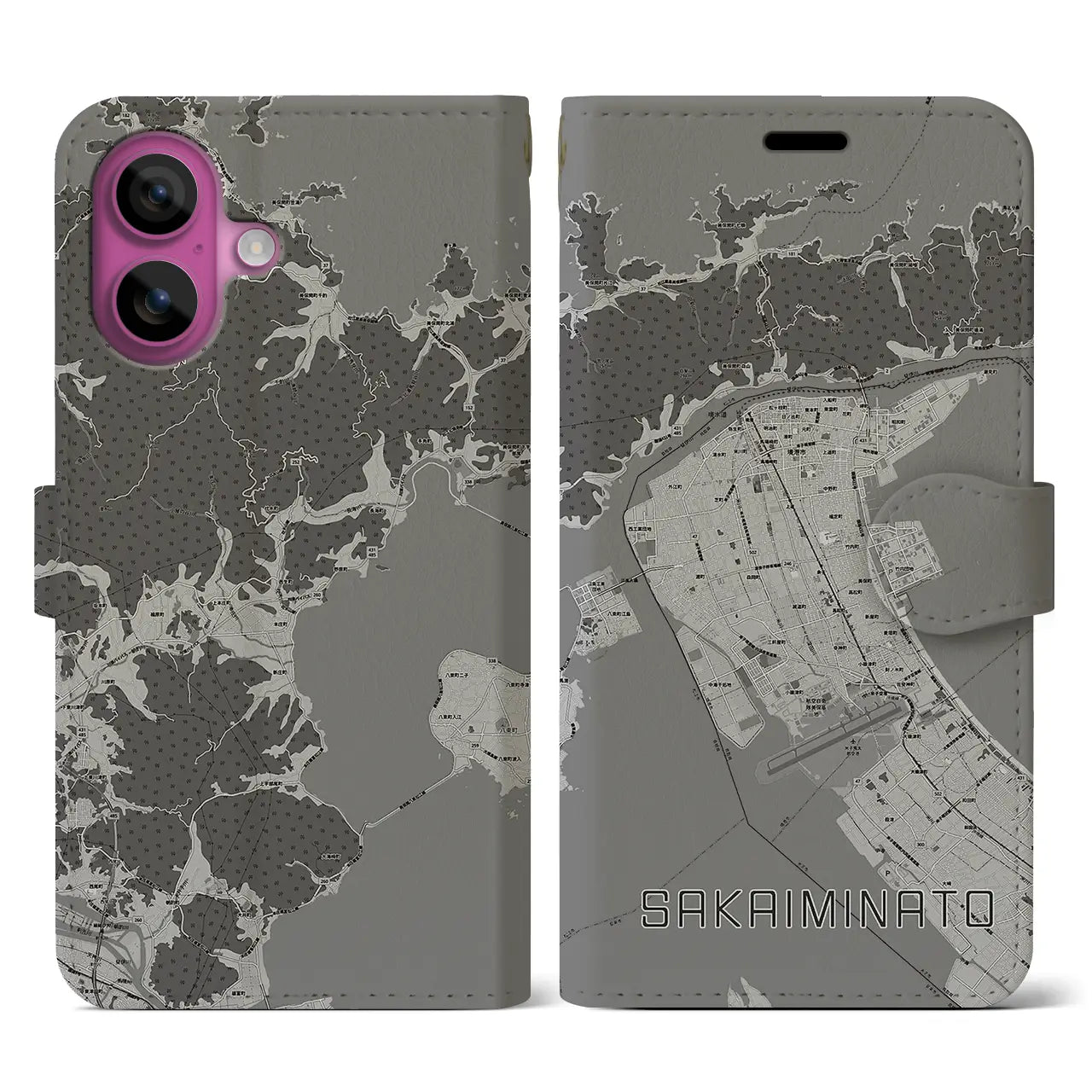 【境港(鳥取県)】地図柄iPhoneケース(手帳タイプ)モノトーン・iPhone 16 Pro 用