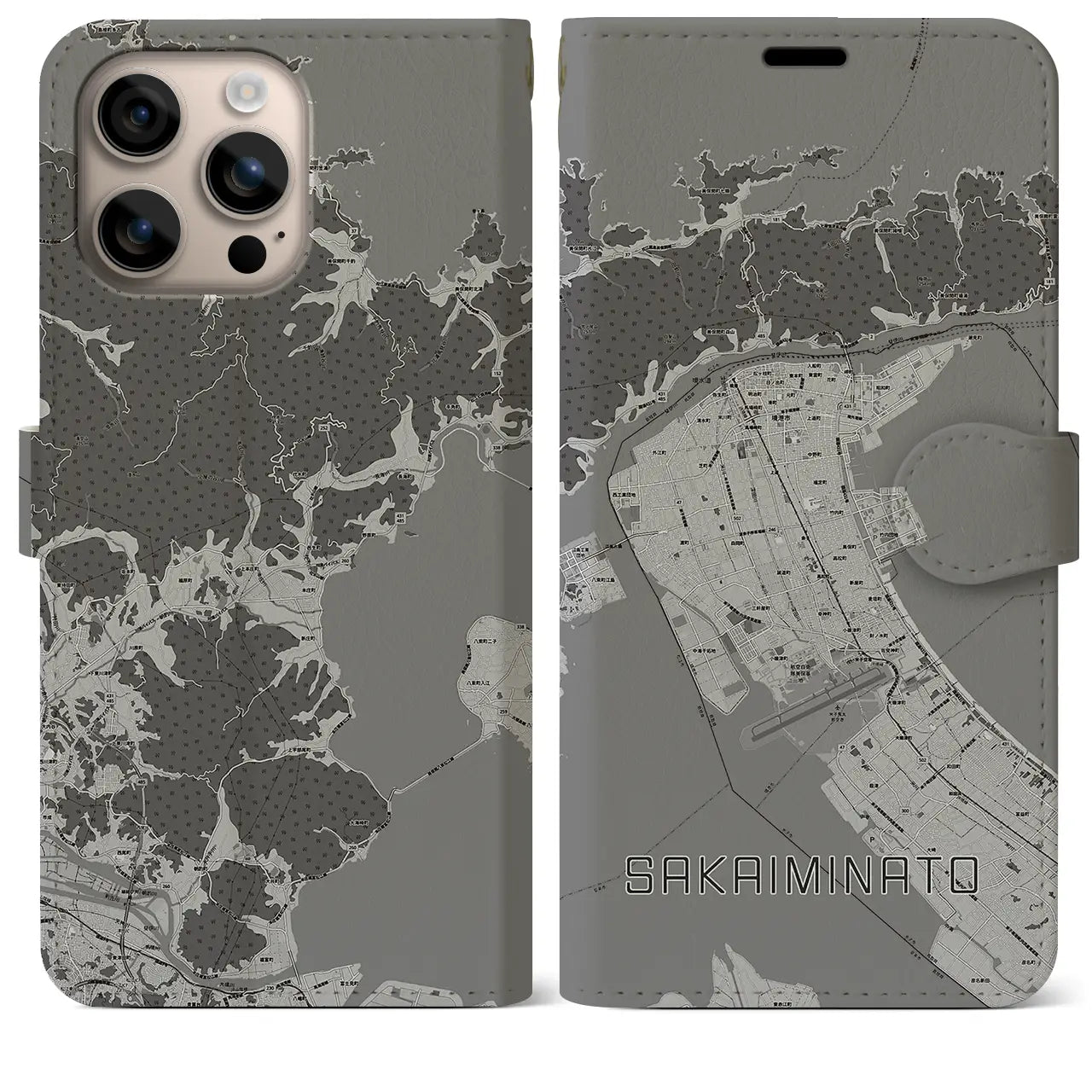 【境港(鳥取県)】地図柄iPhoneケース(手帳タイプ)モノトーン・iPhone 16 Plus 用