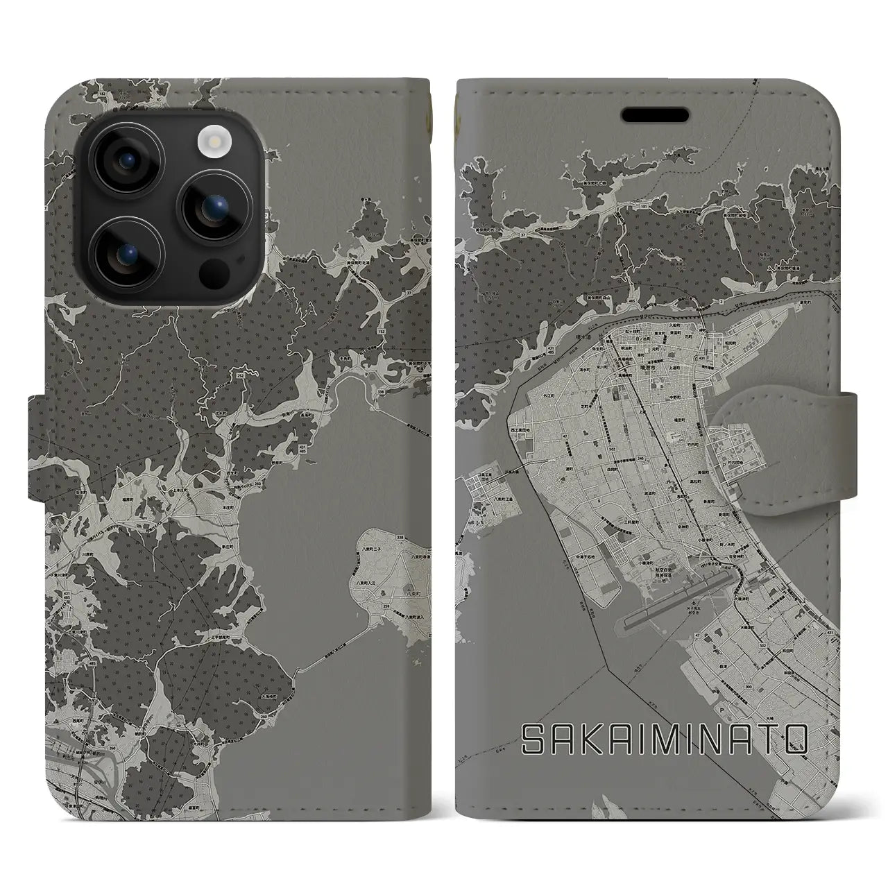 【境港(鳥取県)】地図柄iPhoneケース(手帳タイプ)モノトーン・iPhone 16 用