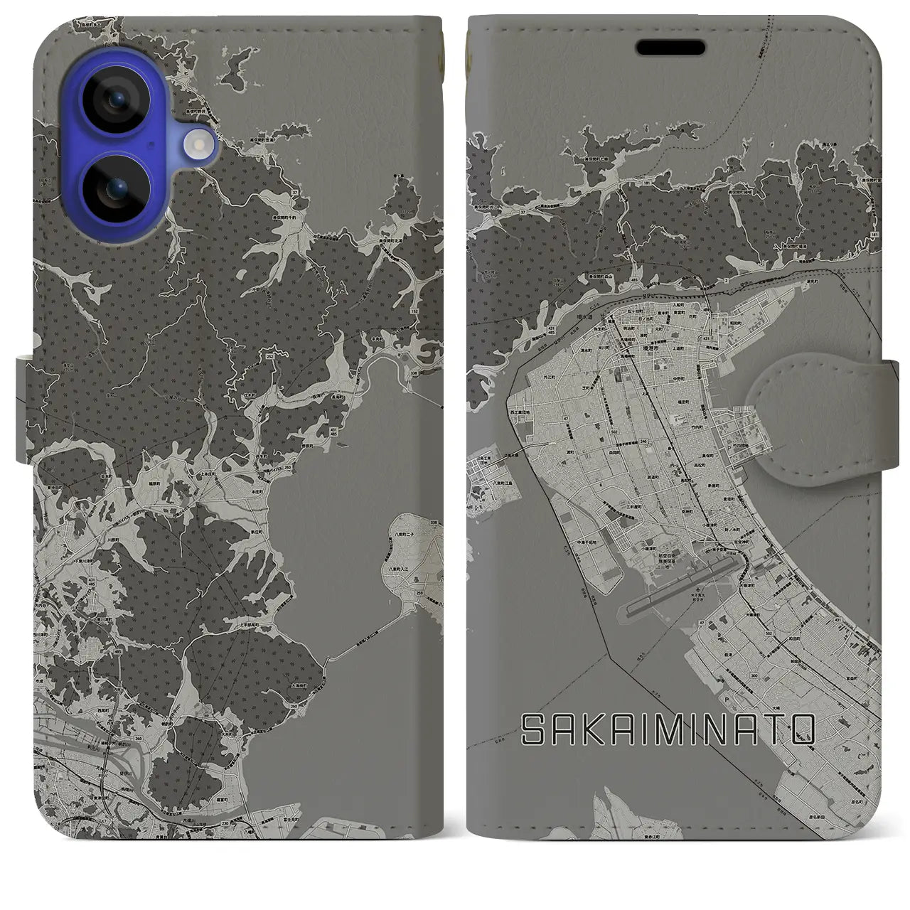 【境港(鳥取県)】地図柄iPhoneケース(手帳タイプ)モノトーン・iPhone 16 Pro Max 用